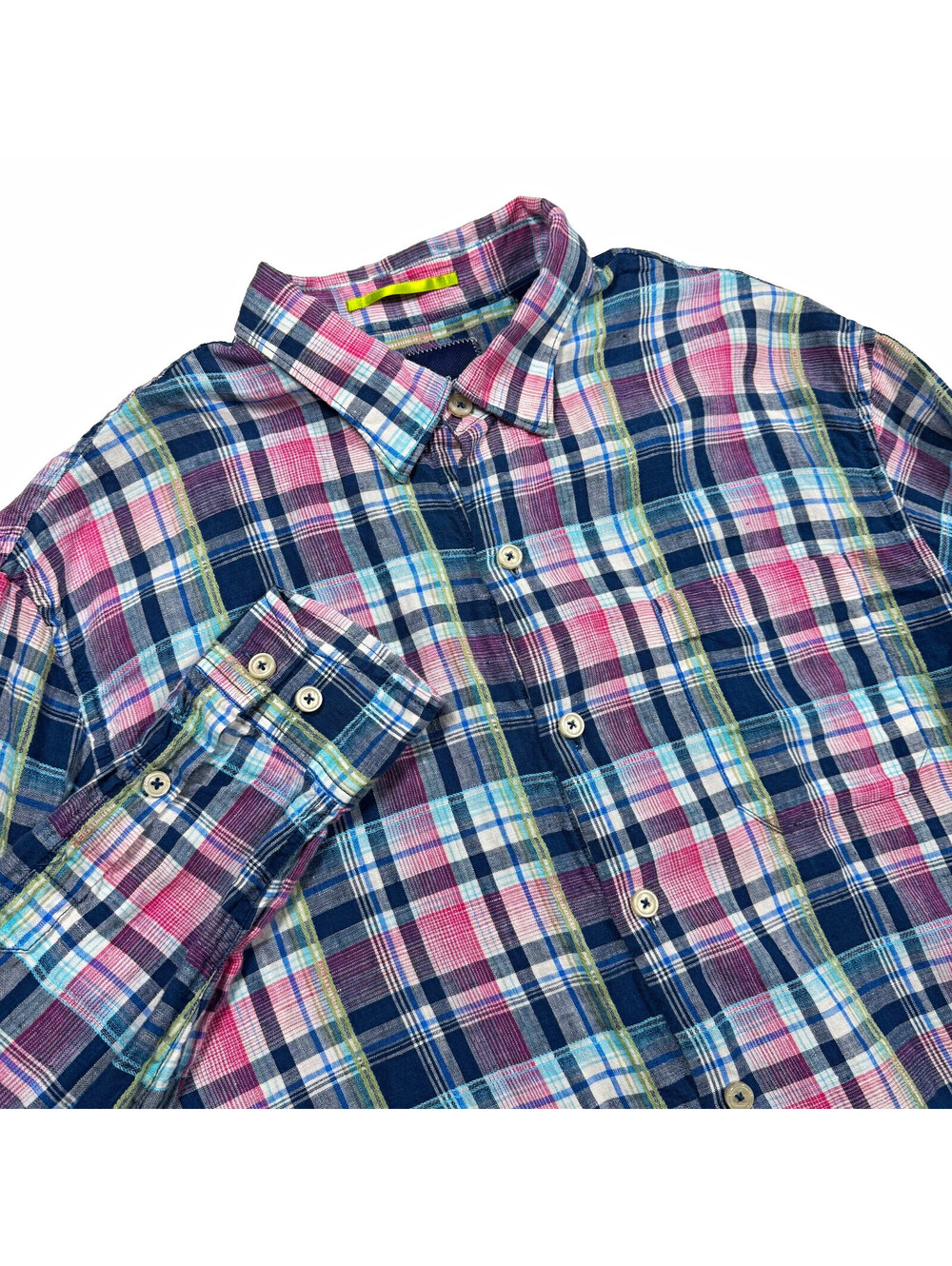 Tommy Bahama Men’s L Linen Plaid Long Sleeve Button-Up Shirt Point Button Collar